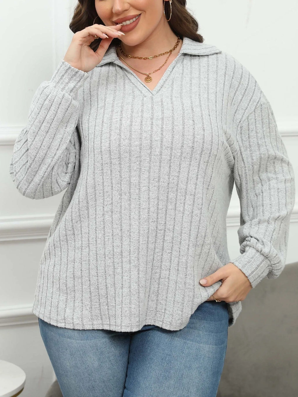 Women's plus size grey polo collar fleece pullover with lantern sleeves, Gothic street fashion style