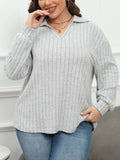Women's plus size grey polo collar fleece pullover with lantern sleeves, Gothic street fashion style