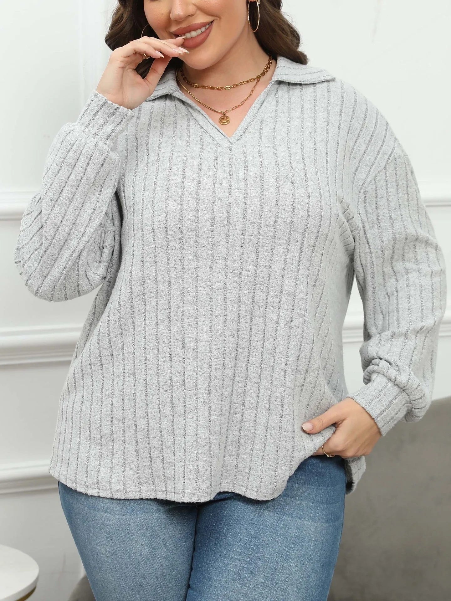 Women's plus size grey polo collar fleece pullover with lantern sleeves, Gothic street fashion style