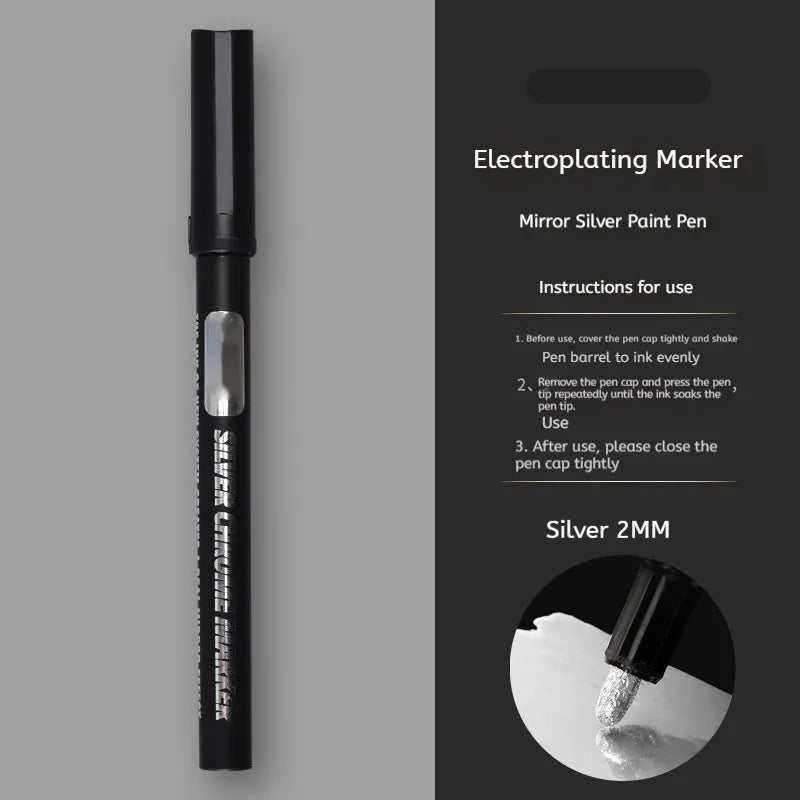 Waterproof mirror marker pen with black ink, shown with 1mm and 2mm tip size options.