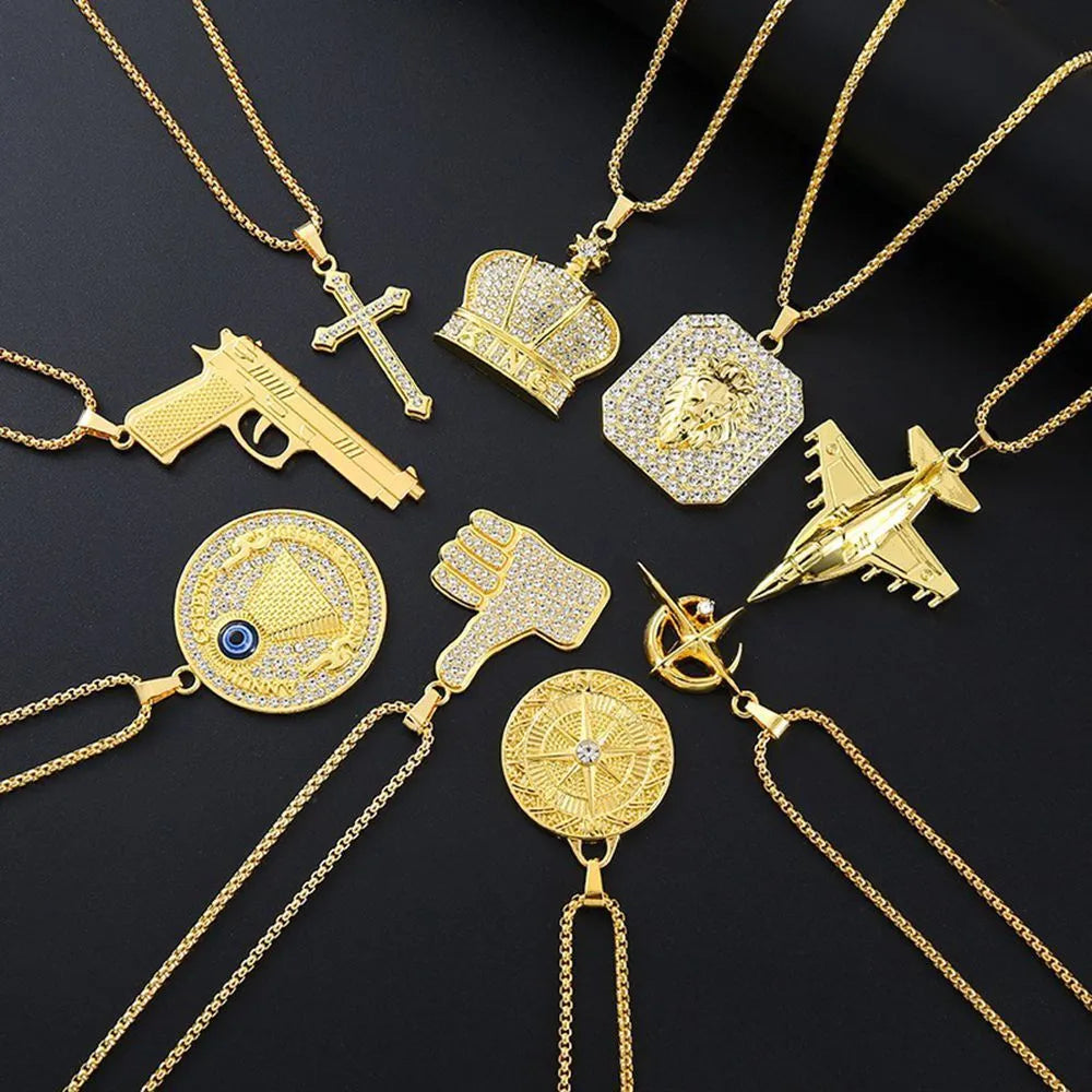 Gold colour geometric pendant necklace with inlaid zircon stones for women