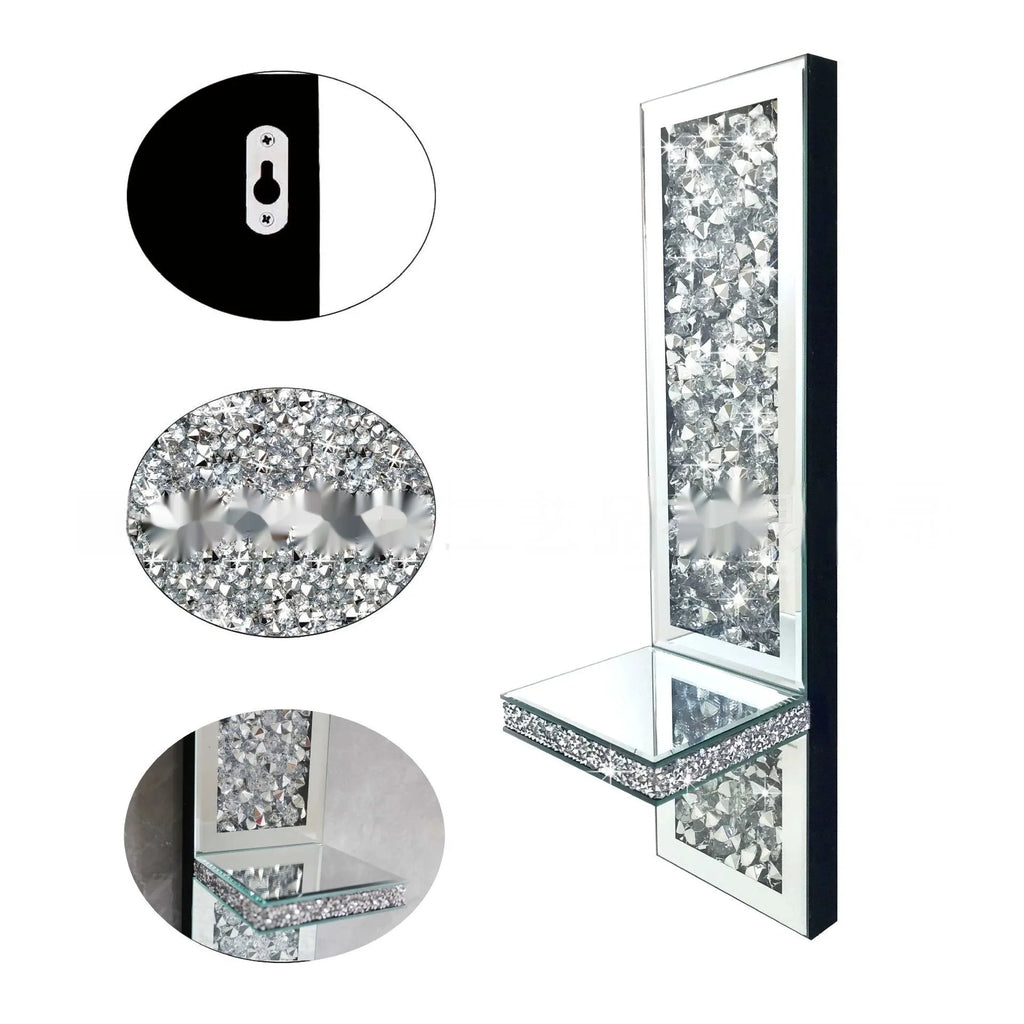 Pair of modern silver mirror wall candle holders with crystal candlesticks, dimensions 10x11x38cm.