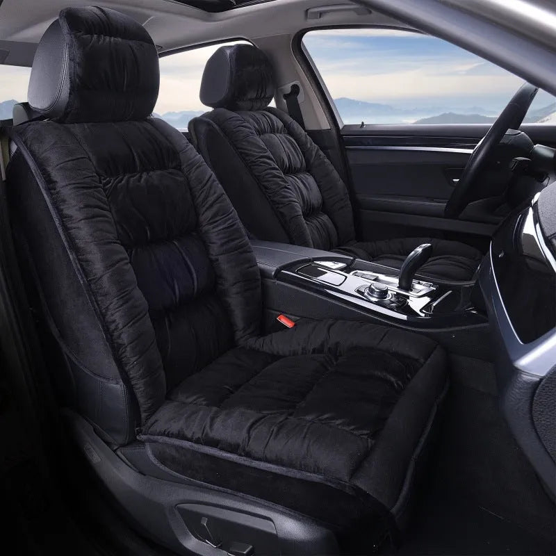 Plush winter car seat cushion shown in a grey set, with soft texture and fitting on a car seat.