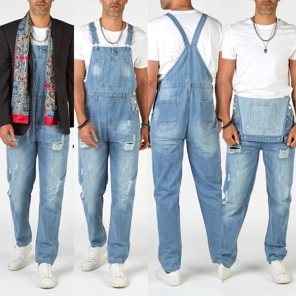 Light blue ripped men's jeans with suspenders, high waist, and straight leg opening.