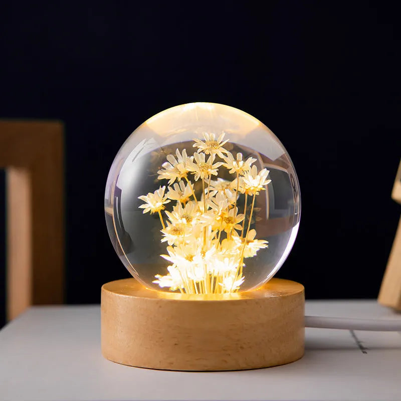 3D dandelion eternal flower in crystal ball on beech wood base USB night light