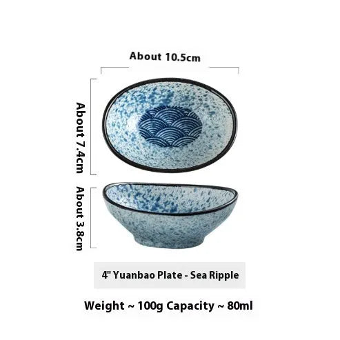Oval Japanese ceramic dipping bowl with underglaze decorative pattern for sauces