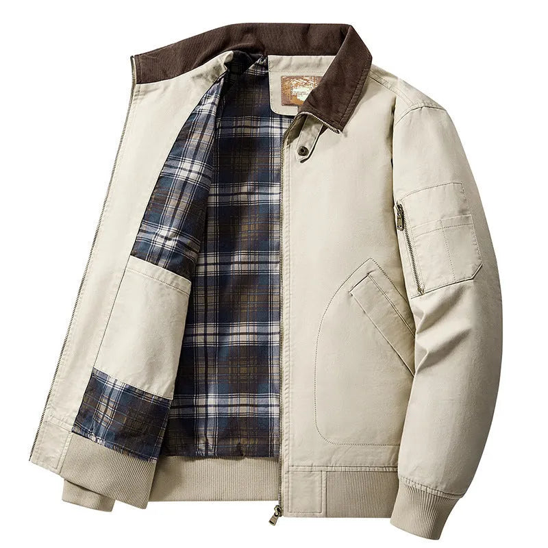 Men's plus size washed cotton baseball flight jacket in Army Green colour, showing front design.
