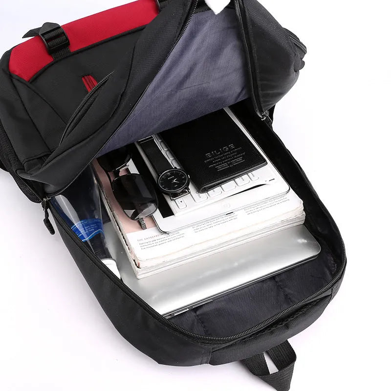 Waterproof nylon student backpack with airpillow straps available in black, red, blue, and grey colours