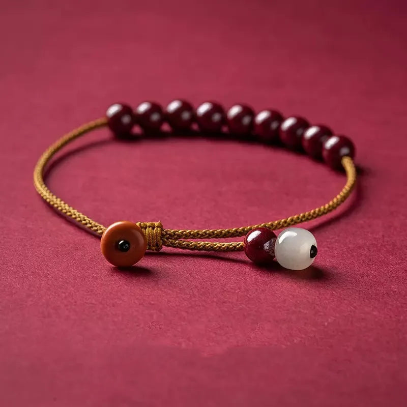 Hand-woven Raw Ore Cinnabar and Hetian Jade geometric bracelet with natural mineral colours