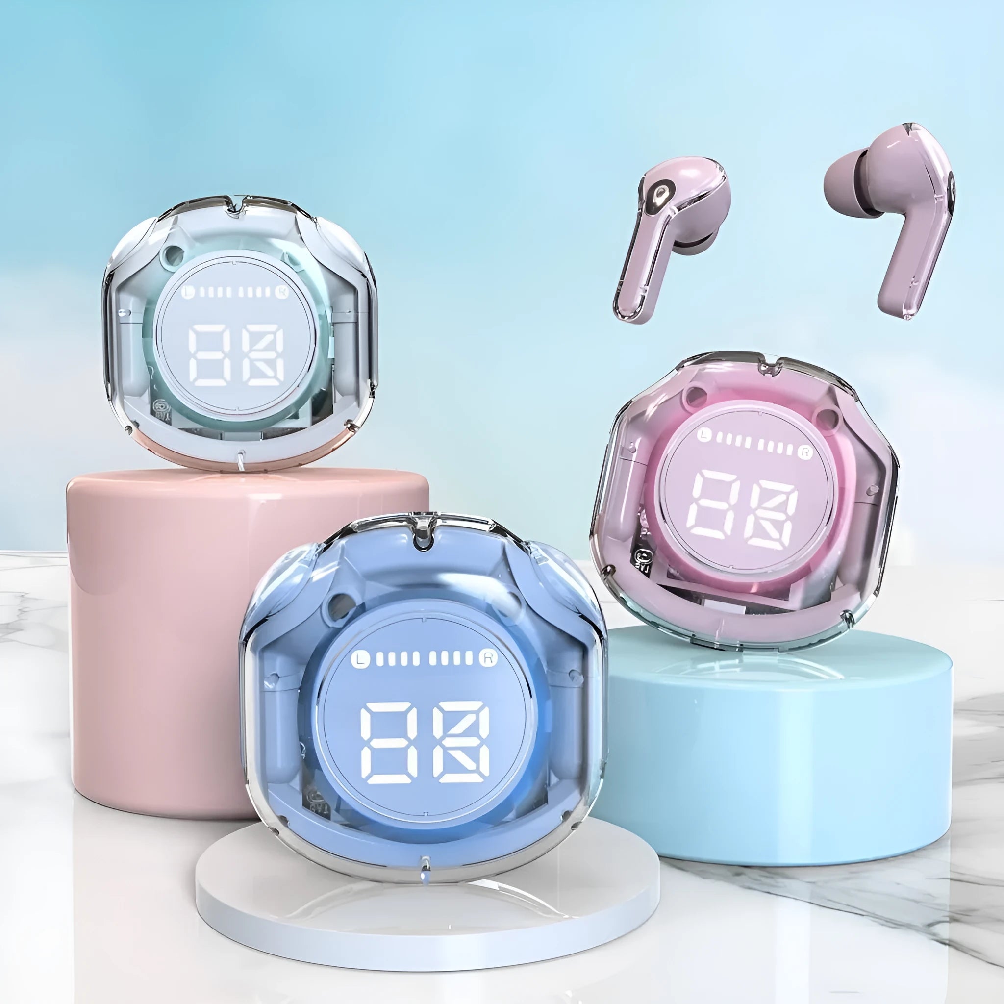 Transparent wireless Bluetooth in-ear headset shown in multiple colour options on a white background.