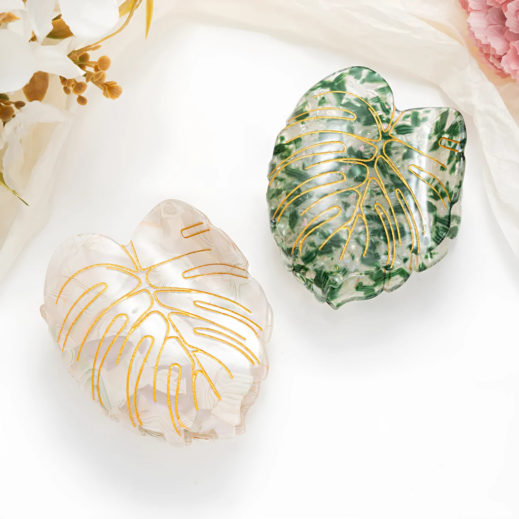 Mori style PVC hair clip with printed leaves pattern 8cm length green colour