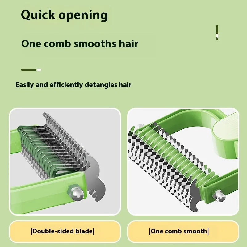 Green and grey dog unknotting combs in small and large sizes with stainless steel teeth