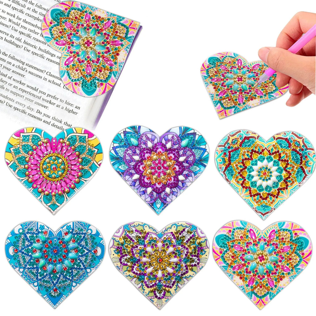 Set of six handmade PU leather bookmarks with crystal and flower cornerite decorations.
