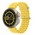K9 Smart Watch with round screen on a silicone strap, shown in black, orange, silver brown, and yellow colour options.