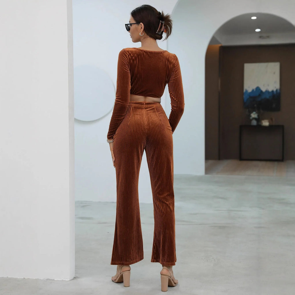 Caramel-coloured long sleeve sweater and trouser casual set on hanger