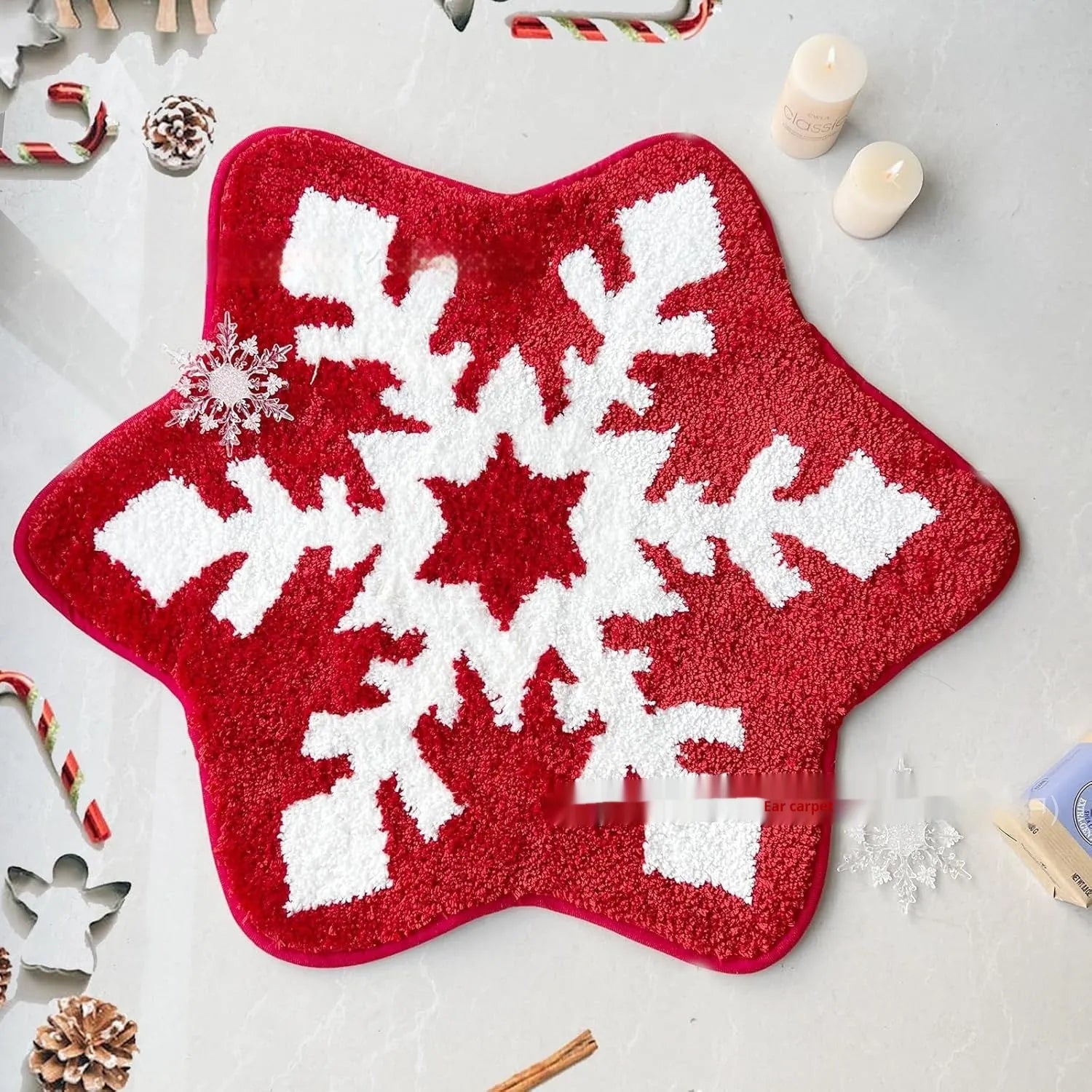 Square Christmas carpet with printed festive design on soft polyester fibre pile