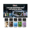 Car air freshener refill set showing five 10ml bottles with different scent labels and vent clip attachments