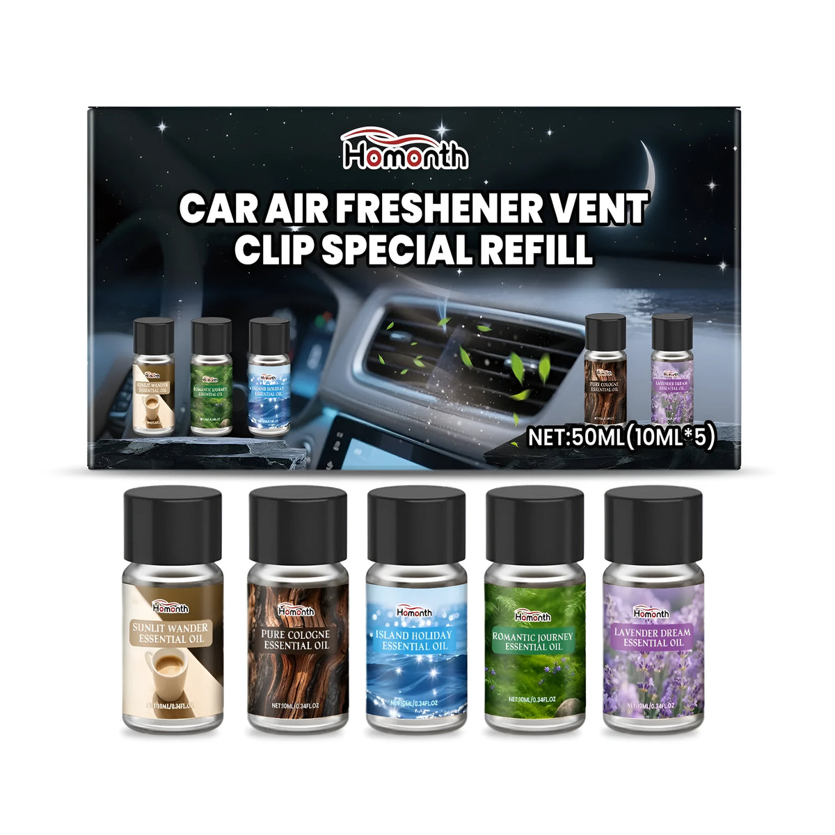 Car air freshener refill set showing five 10ml bottles with different scent labels and vent clip attachments