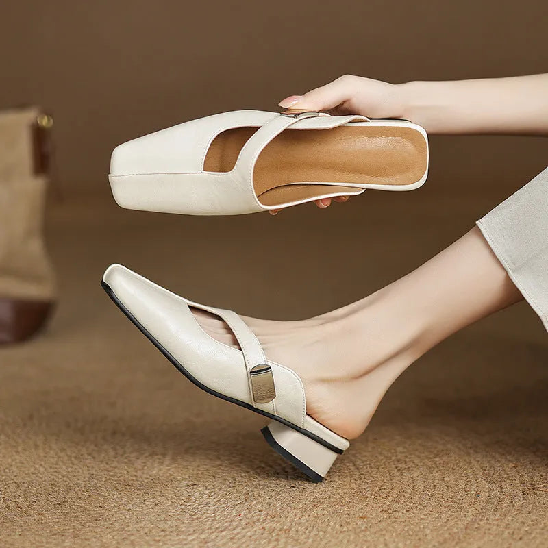 British-style square-toe outdoor slippers in artificial PU with rubber soles