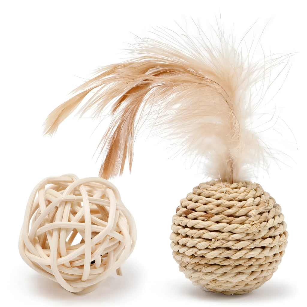 Two cat toys: rattan ball and faux feather ball with bell in primary colours