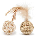 Two cat toys: rattan ball and faux feather ball with bell in primary colours