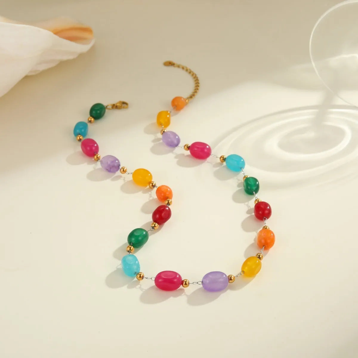Natural stone beaded necklace for women with geometric pendant, 18K electroplated stainless steel chain, 41-50cm