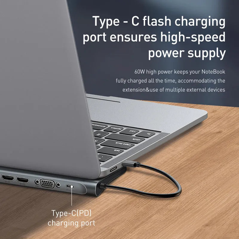Grey aluminium 10-port docking station hub with cooling bracket for HDMI 4K and USB connectivity