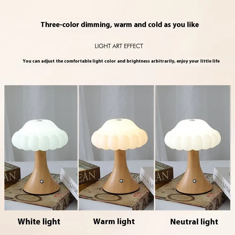 Mushroom touch lamp with USB cable in wood grain, white, cream, grey, or black for cafe decoration