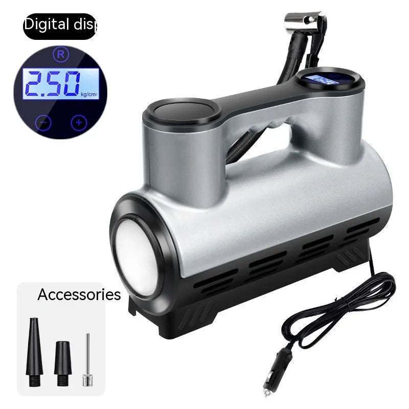Compact black 12V portable car tyre inflator with digital display and air hose