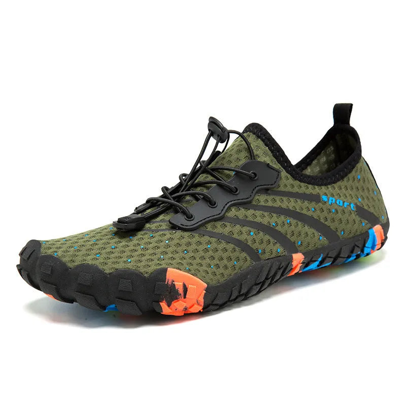 Fast drainage beach swimming shoes in army green with mesh upper and rubber sole for wading and hiking