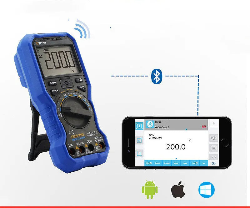 Handheld digital multimeter on a workbench with test leads, showing a large LCD display.
