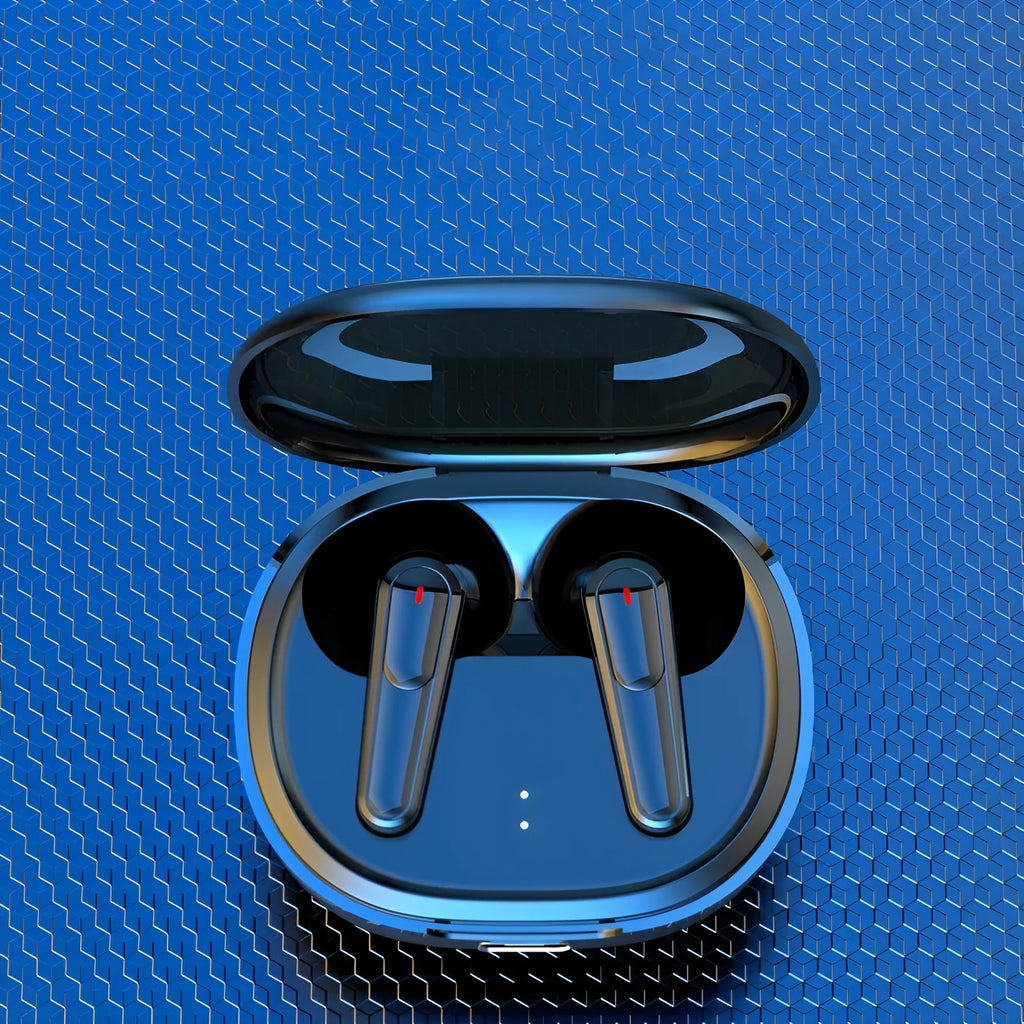 Black wireless Bluetooth earbuds with noise reduction and low latency for gaming