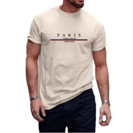 Men's loose-fit short-sleeved T-shirt with a printed letter design, shown in apricot colour.
