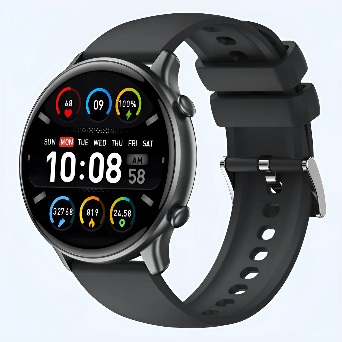 Round smart sports watch with touch screen display and silicone wrist strap for heart rate and sleep monitoring
