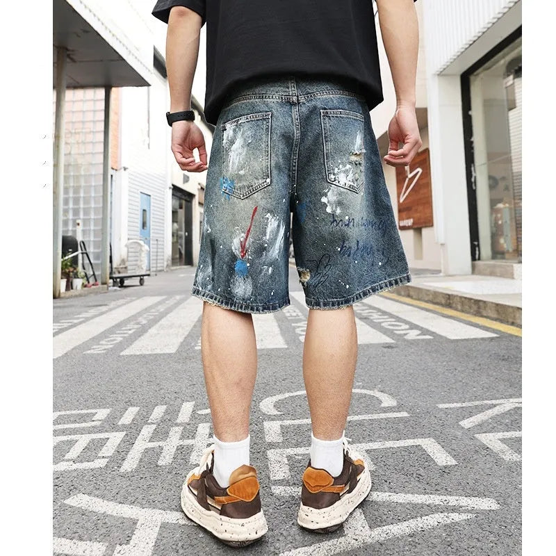 Men's blue denim jeans shorts with straight-leg cut and zipper fly closure