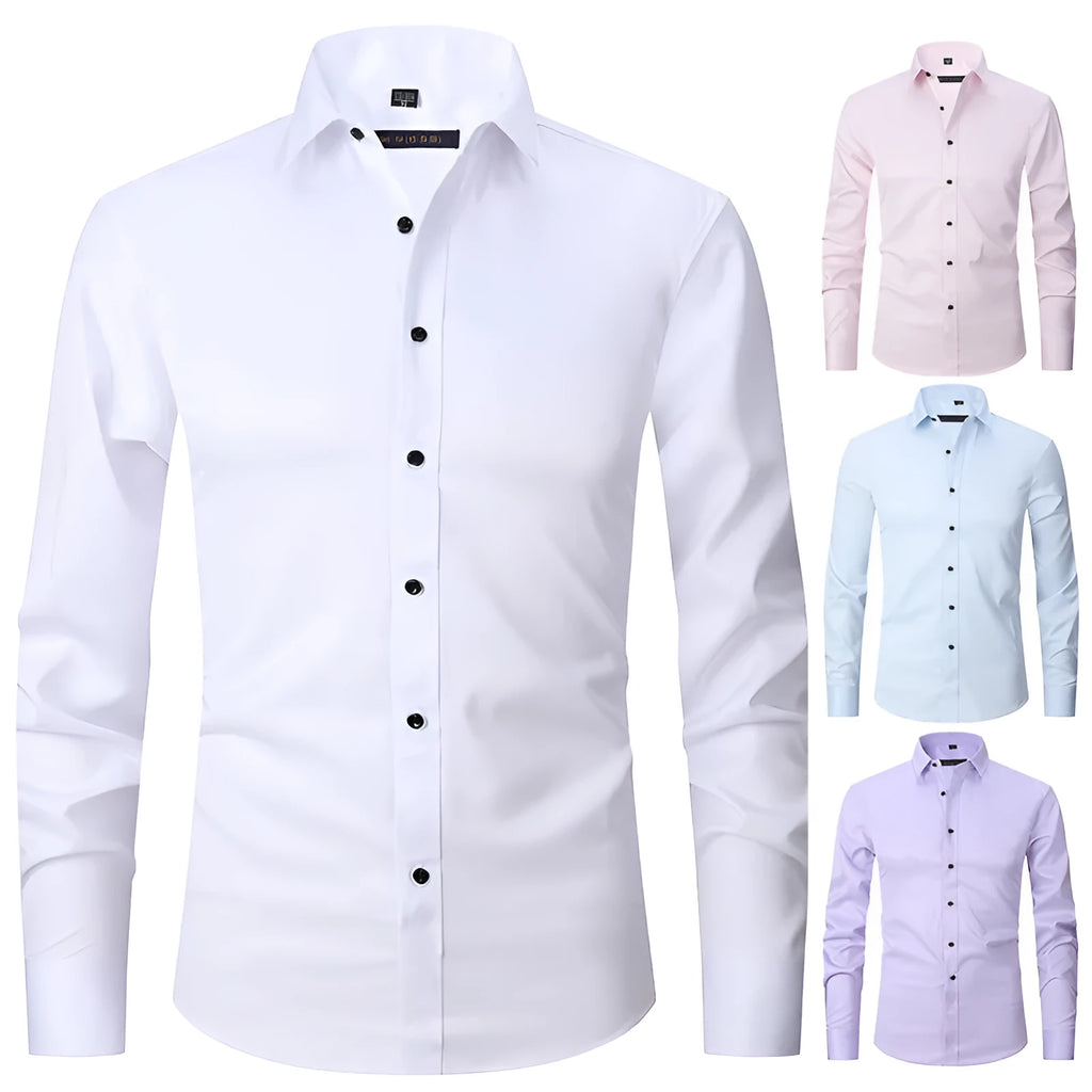 Men's long sleeve slim fit cardigan shirt in solid colour, stretch polyester blend, sizes 38-48