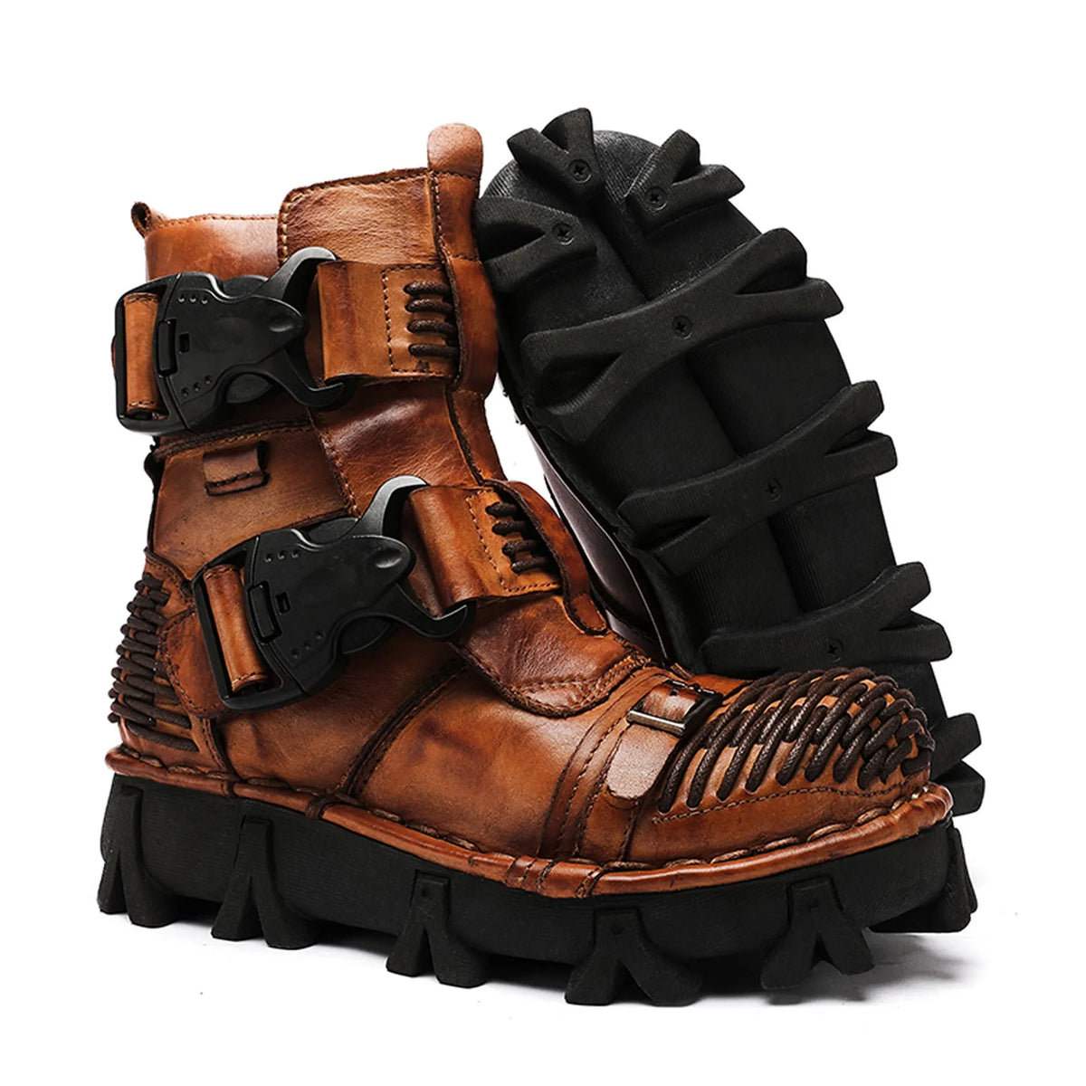 Men's cowhide motorcycle boots, mid-calf lace-up, black or brown leather upper, rubber sole