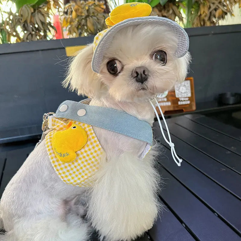 Pet harness and leash set with three-piece summer clothing, a cute hat, and a wire rope pulling toy for dogs and cats.