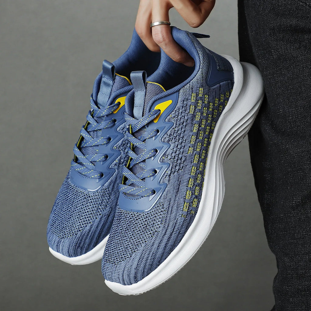 Women's Flyknit running shoes with striped pattern, mesh lining, and wedge heel in Lavender Purple or Royal Blue
