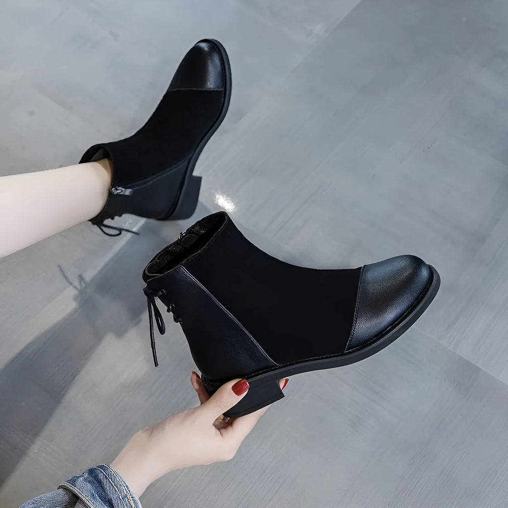 Black knee-high Martin boots for women with side zipper and round toe