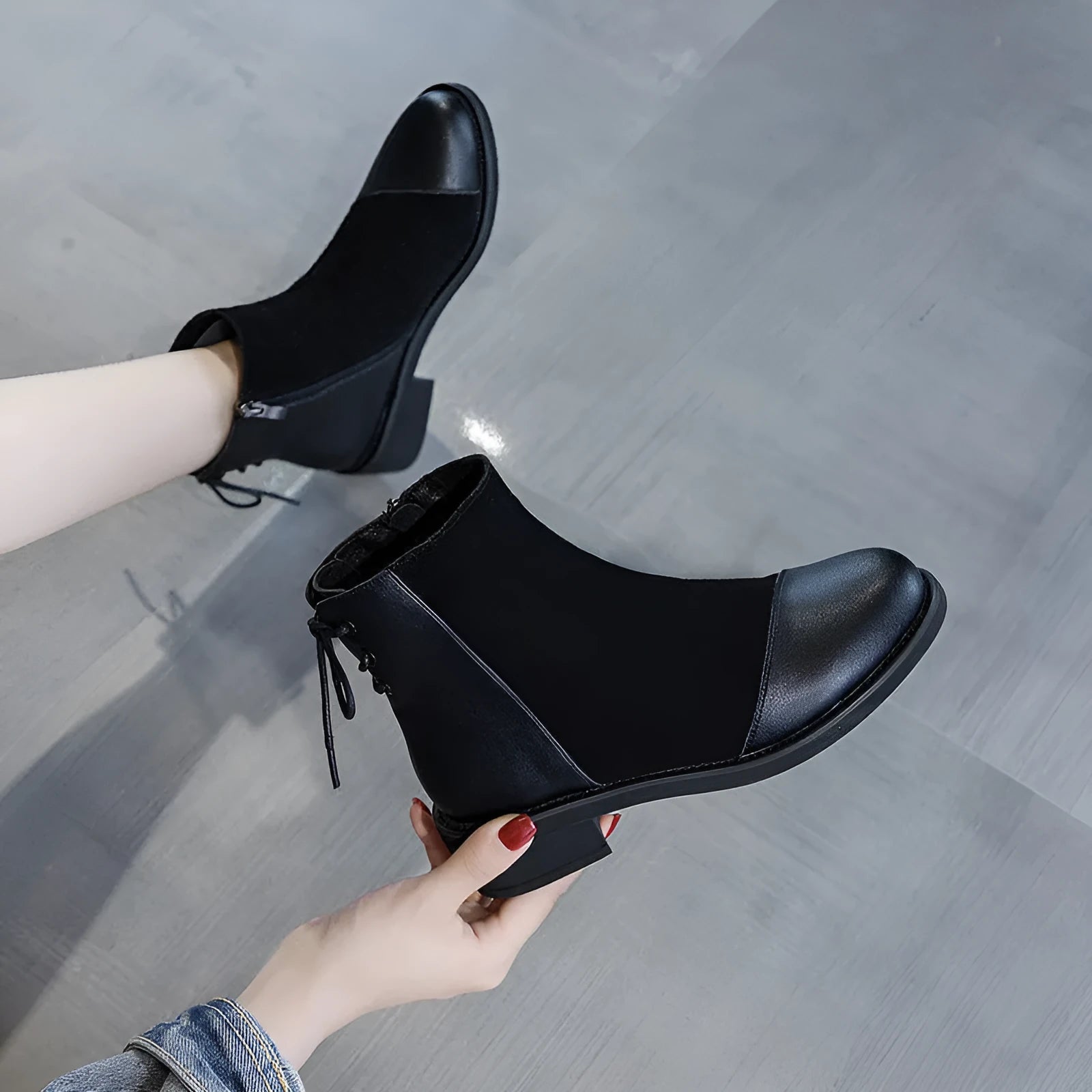 Black knee-high Martin boots for women with side zipper and round toe