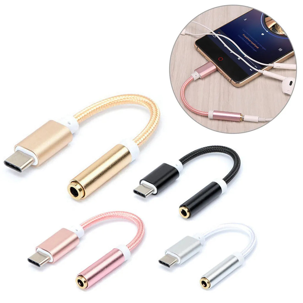 Woven nylon Type-C to 3.5mm female headphone adapter cable in black, silver, gold, and rose gold.