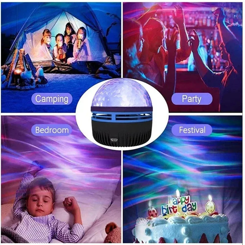 USB-powered LED star galaxy projector night light with removable acrylic shade and colourful rotating magic ball effects.