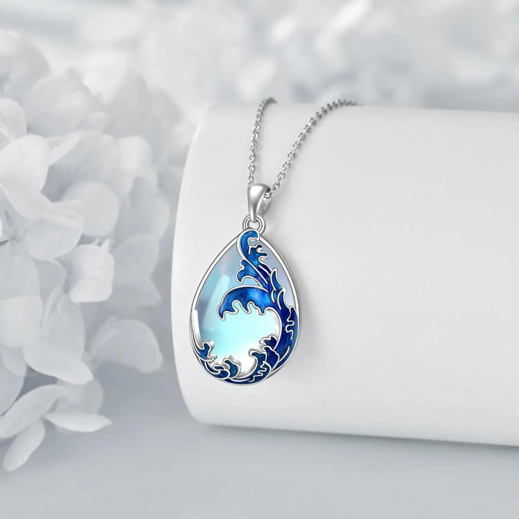 Moonstone blue heart-shaped pendant necklace on display
