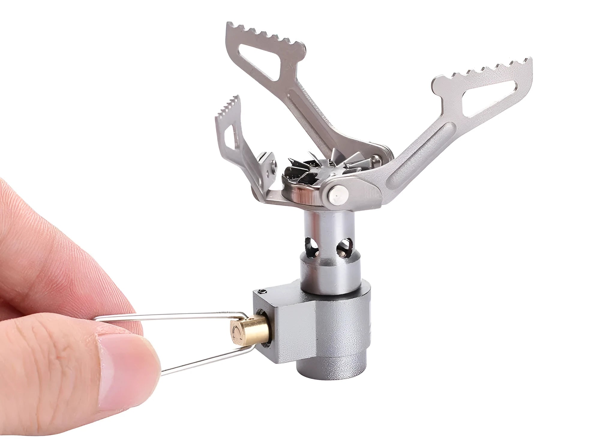 Silver portable mini titanium gas stove for camping and outdoor cooking, lightweight 25g