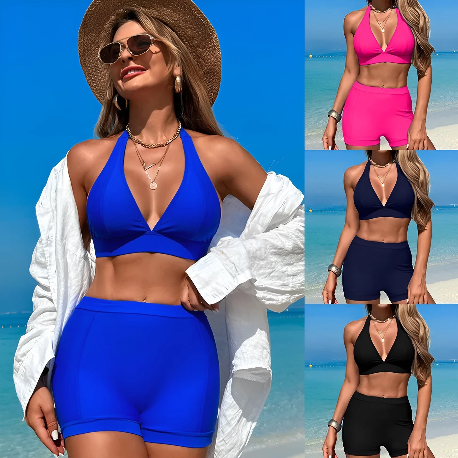 Women's sleeveless split bikini swimsuit in nylon with polyester lining available in black pink and blue