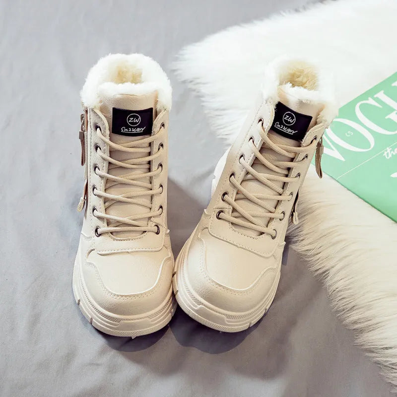 Women's plus size fleece-lined snow boots with lace-up front and mid heel