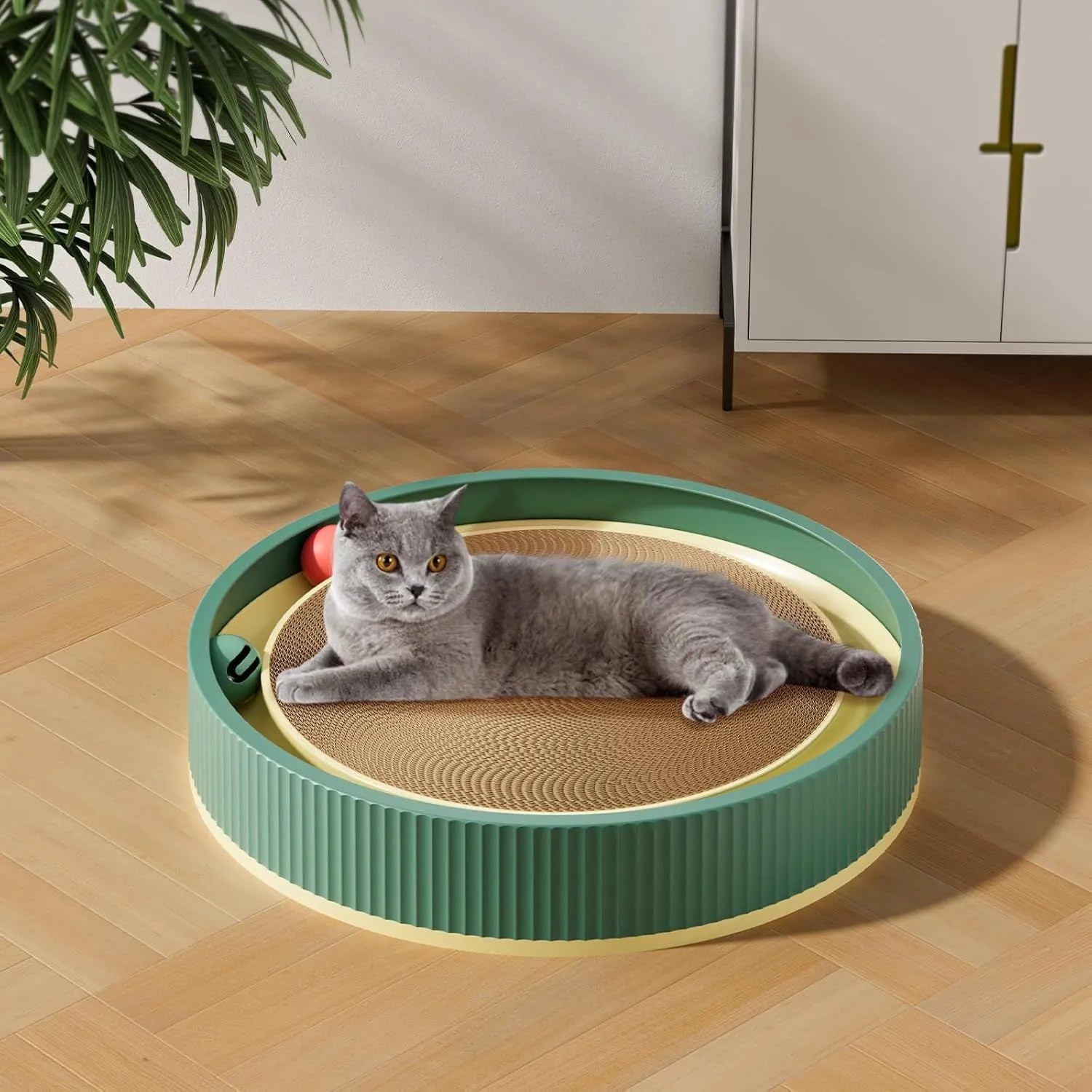 Large green circular cat scratching board with integrated moving ball toys and a spring plush ball.
