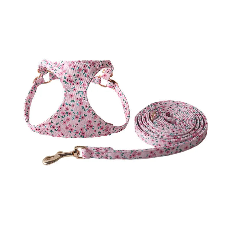 Floral pattern cloth pet harness and leash set for small dogs in multiple colour options