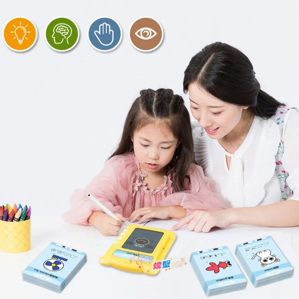 Yellow bilingual early learning machine with educational cards for English and Chinese language instruction